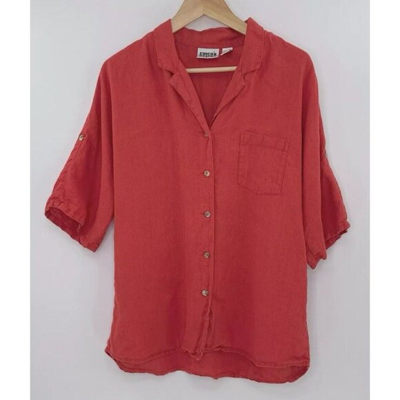 Chico's Design Women’s 100% Linen Button Up Ted Roll Tab Shirt Size 2‎ Turkey - Picture 1 of 11